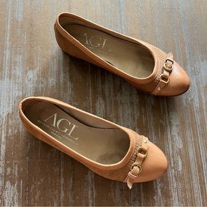 AGL Woven Leather Buckle Detail Cap Toe Flats Brown Career Classy Womens 7.5